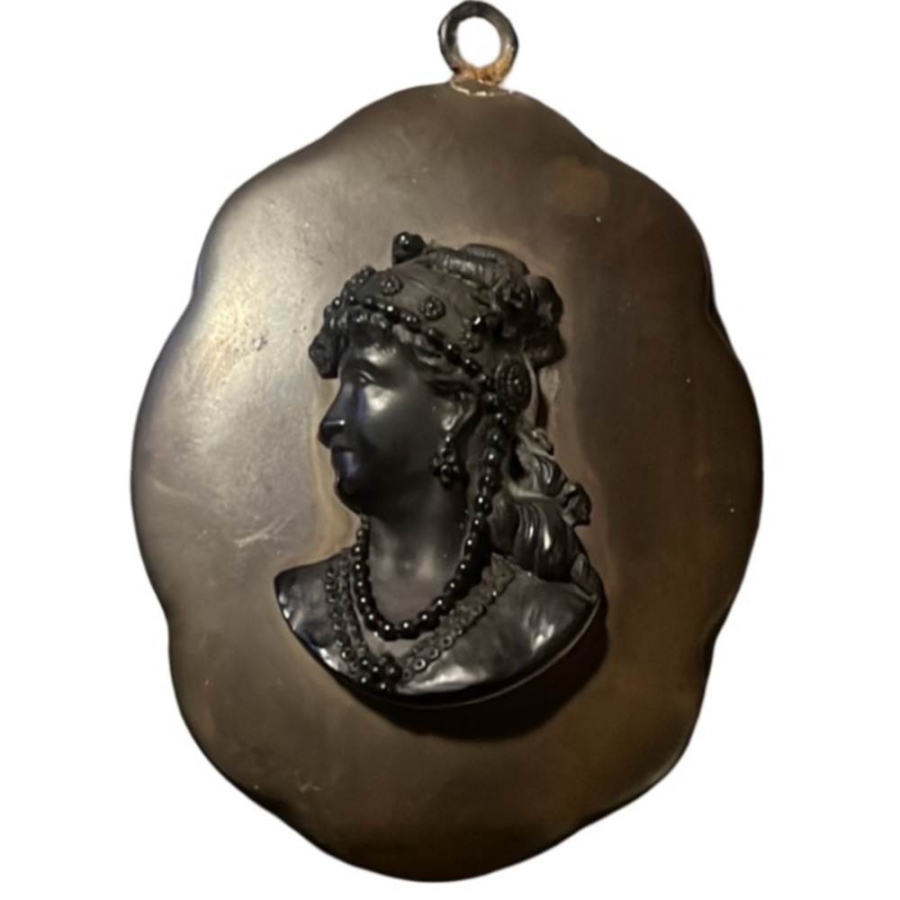 Antique Victorian Gutta Percha Lady Cameo Pendent - Victorian Mourning Jewelry